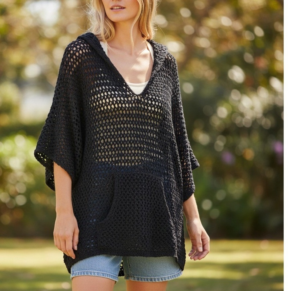 Black Open Knit Crochet Hooded Sweater V-Neck Tunic Beach Coverup